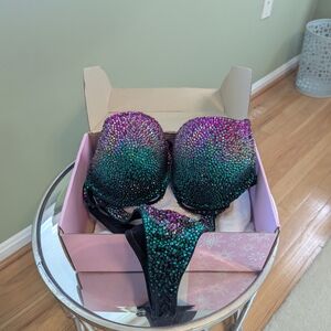 Embellished Gradient Rhinestone Bikini Set - Purple & Teal